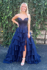Yellow Sweetheart Ruffle Chiffon Tiered Long Prom Dresses