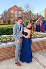 Strapless Navy Blue Pleated Long Dress with Scarf Chiffon Party Prom Dresses