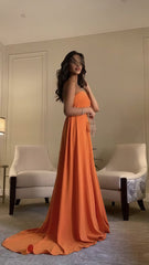 Strapless Orange A-Line Prom Dress, Sleeveless Long Evening Dress,AST1687