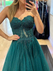 Strapless Pink Green Lace Long Prom Dresses, Strapless Green Pink Lace Formal Evening Dresses
