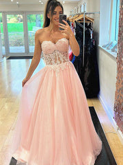 Strapless Pink Green Lace Long Prom Dresses, Strapless Green Pink Lace Formal Evening Dresses