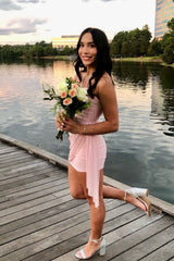 Pink Ruched Bodycon Short Dress with Shawl Homecoming Dresses Tight