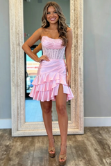 Strapless Pink Scoop Neck Appliques Ruffles Short Homecoming Dress with Pleats