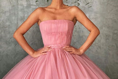 Strapless Pink Tulle Prom Dresses, Strapless Pink Tulle Formal Graduation Dresses