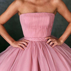 Strapless Pink Tulle Prom Dresses, Strapless Pink Tulle Formal Graduation Dresses