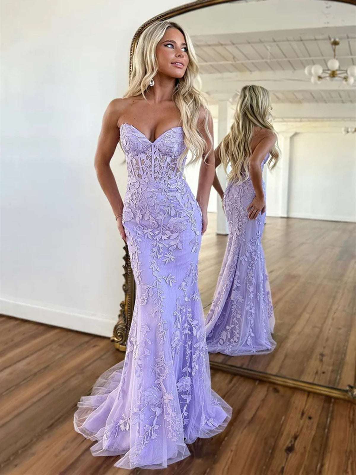 Strapless Purple Lace Prom Dress with Corset Back, Purple Tulle Lace Formal Evening Dresses