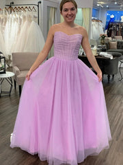 Strapless Purple Long Tulle Prom Dresses, Purple Long Formal Evening Dresses