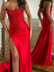 Strapless Red Mermaid Lace Prom Dresses, Red Mermaid Lace Formal Evening Dresses