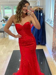 Strapless Red Mermaid Lace Prom Dresses, Red Mermaid Lace Formal Evening Dresses