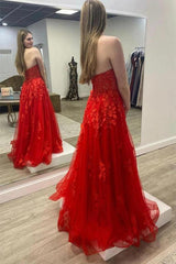 Strapless Red Tulle Long Prom/Evening Dress with Lace Appliques TP1139
