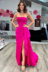 Strapless Ruched Maxi Magenta Prom Dress Formal Gowns TP1300