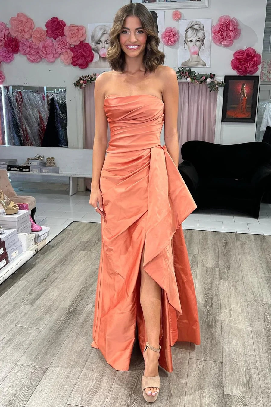 Strapless Ruched Maxi Magenta Prom Dress Formal Gowns TP1300