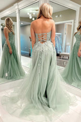 Strapless Sage Lace Long Prom Dress with High Slit, Sage Lace Formal Dress, Sage Evening Dress A1968