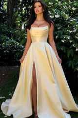 Strapless Satin A-Line Long Prom Dress with Slit