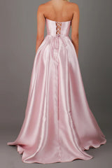 Strapless Satin A-Line Long Prom Dress with Slit