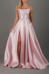 Strapless Satin A-Line Long Prom Dress with Slit