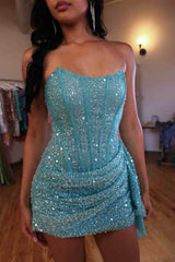 Strapless Sequined Pleats Sleeveless Mini Party Homecoming Dress
