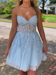 Strapless Short Blue Lace Prom Dresses, Short Blue Lace Formal Homecoming Dresses