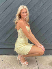 Strapless Short Lace Prom Dresses, Short Bodycon Lace Formal Homecoming Dress