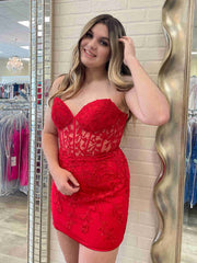 Strapless Short Lace Prom Dresses, Short Bodycon Lace Formal Homecoming Dress