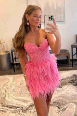 Strapless Short Pink Red White Purple Black Feather Prom Dresses, Short Feather Formal Homecoming Dresses