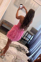 Strapless Short Pink Red White Purple Black Feather Prom Dresses, Short Feather Formal Homecoming Dresses