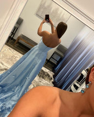 Strapless Sky Blue Floral Long Prom Dresses, Light Blue Long Floral Formal Graduation Dresses