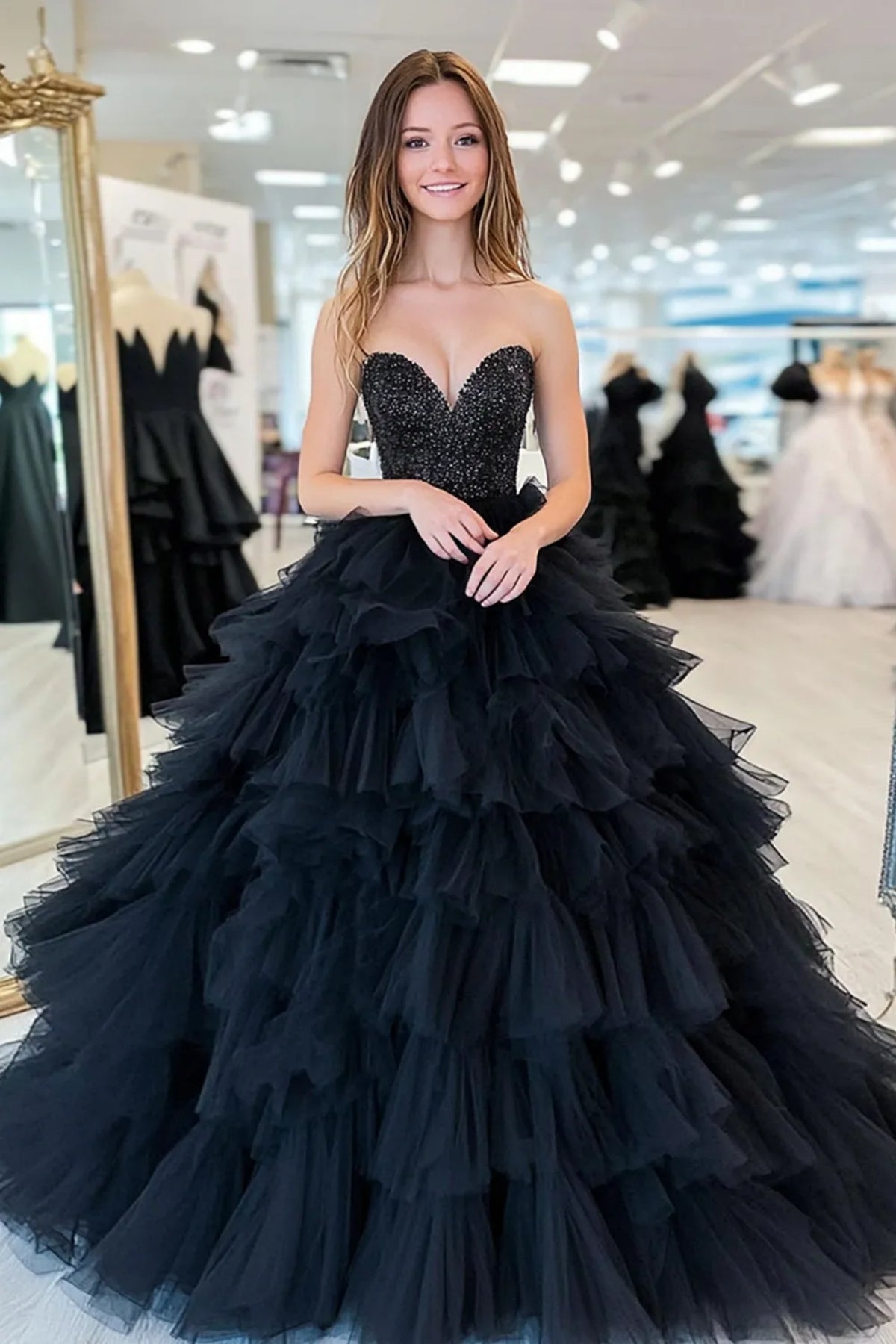 Strapless Sweetheart Neck Beaded Ruffle Black Tulle Long Prom Dress, Black Formal Evening Dresses, Ball Gown A2382