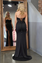 Strapless Sweetheart Neck High Slit Black Lace Long Prom Dress, Black Lace Formal Dress, Mermaid Black Evening Dress A2292
