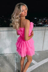 Strapless Tiered Tulle Pink Homecoming Dress Sweet 16 Dress TN435