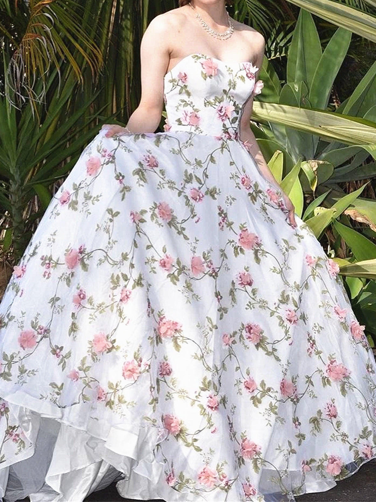 Strapless White 3D Floral Lace Long Prom Dress, Strapless White 3D Floral Lace Formal Evening Dresses