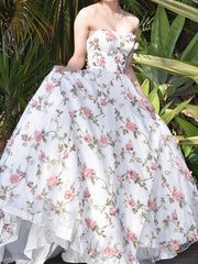 Strapless White 3D Floral Lace Long Prom Dress, Strapless White 3D Floral Lace Formal Evening Dresses