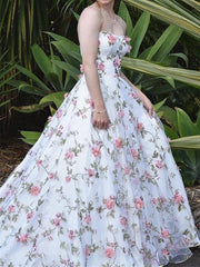Strapless White 3D Floral Lace Long Prom Dress, Strapless White 3D Floral Lace Formal Evening Dresses