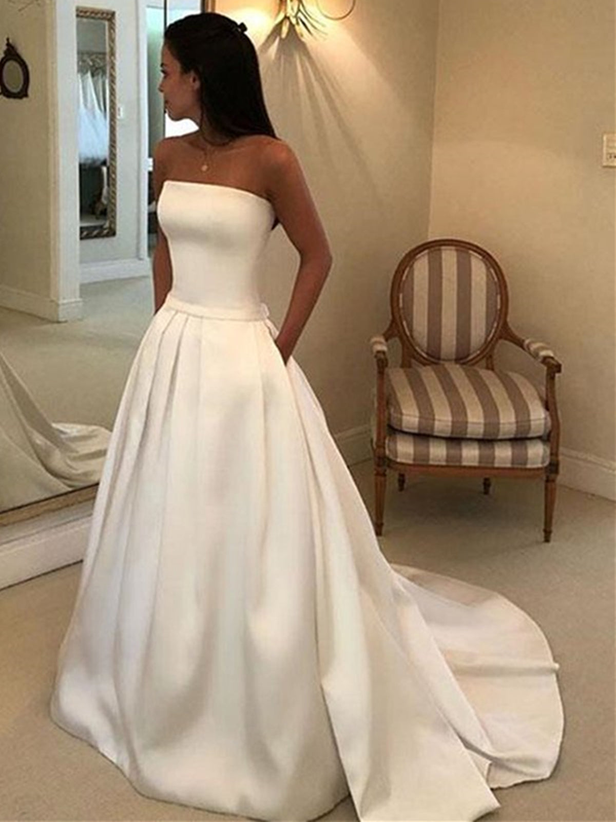Strapless White Satin Wedding Dresses, White Satin Long Formal Prom Dresses