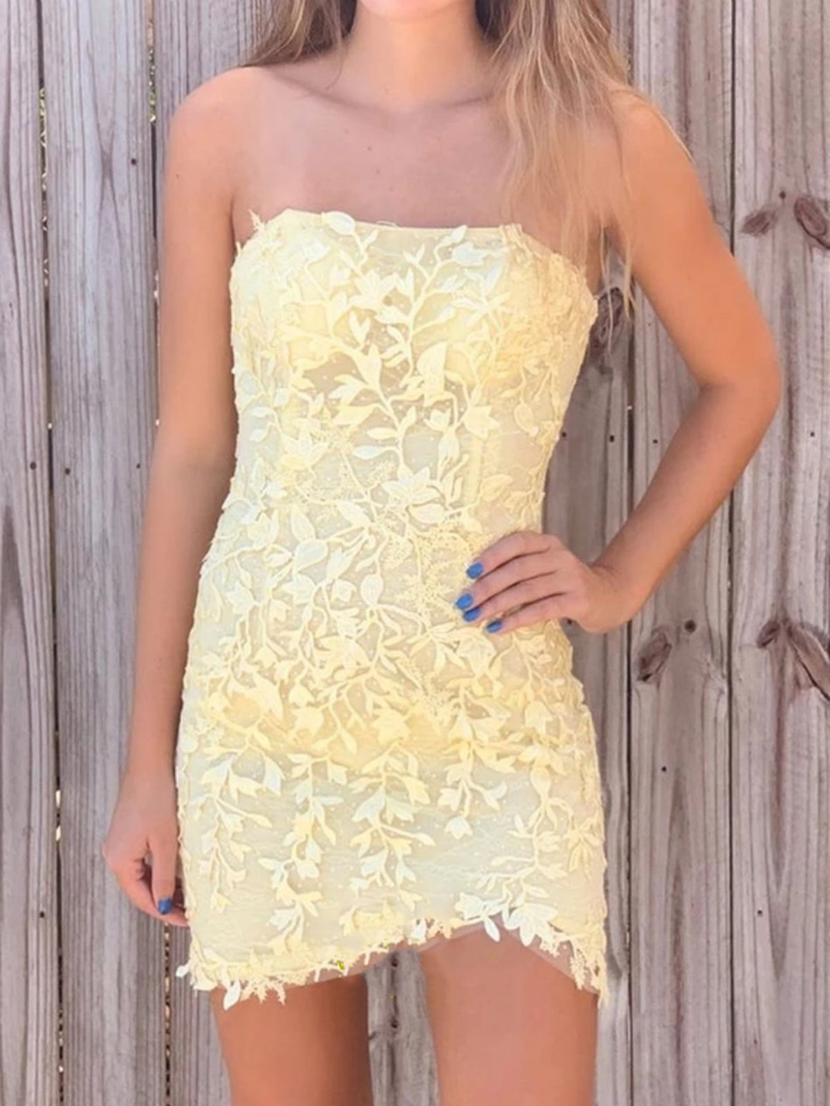 Strapless Yellow Pink White Lace Prom Dresses, Short Lace Graduation Homecoming Dresses