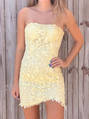 Strapless Yellow Pink White Lace Prom Dresses, Short Lace Graduation Homecoming Dresses