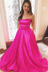Strapless Fuchsia Satin Long Prom Dresses Evening Dresses With Pockets TP1095