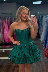 Jamila | Strapless Black Beaded Short Homecoming Dress with Bow