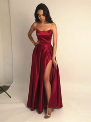 Strapless Navy Blue/Burgundy Prom Dress with Leg Slit, Navy Blue/ Wine Red Formal Evening Bridesmaid Dresses