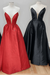 Strapless V Neck Open Back Red/Black Satin Long Prom Dress with High Slit TP1122