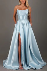 Strapless Satin A-Line Long Prom Dress with Slit