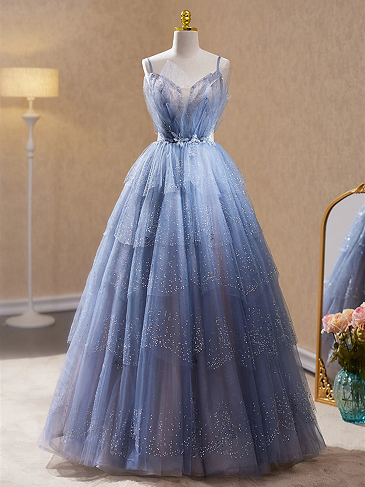Straps Beaded V Neck Blue Lace Prom Dress, Blue Lace Tulle Long Formal Dress