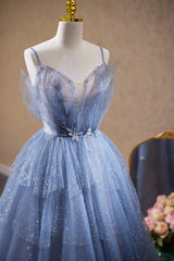 Straps Beaded V Neck Blue Lace Prom Dress, Blue Lace Tulle Long Formal Dress