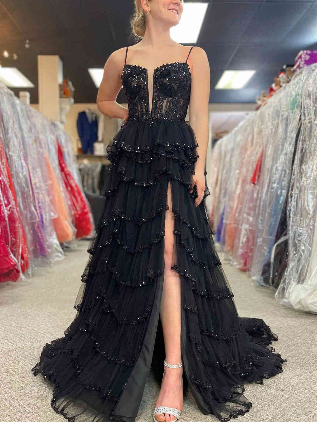 Straps Black Pink Champagne Layered Tulle Lace Prom Dresses, Black Pink Champagne Layered Lace Formal Evening Dresses