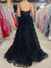 Straps Black Pink Champagne Layered Tulle Lace Prom Dresses, Black Pink Champagne Layered Lace Formal Evening Dresses