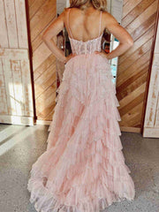Straps Black Pink Champagne Layered Tulle Lace Prom Dresses, Black Pink Champagne Layered Lace Formal Evening Dresses