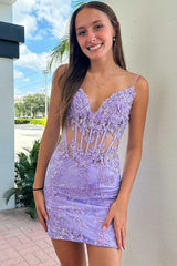 Straps Lavender V Neck Tight Homecoming Dress Cocktail Dress TN422