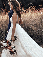 A-line Lace Simple Rustic Backless Straps Long Train Wedding Dress