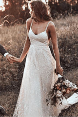 A-line Lace Simple Rustic Backless Straps Long Train Wedding Dress