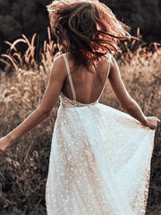 A-line Lace Simple Rustic Backless Straps Long Train Wedding Dress